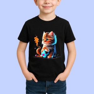 Tricou Pisica cu coada in flacari si minge albastra Copii | Dama | Barbat, culoare negru - Img 3