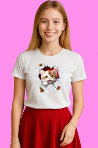Tricou Pisica Cu Crengute Si Fundal Alb Craciun, din bumbac 100% Copii | Dama | Barbat - Img 3
