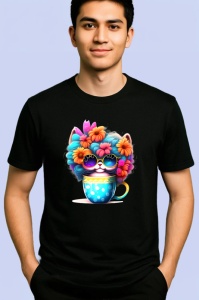 Tricou Pisica cu flori in par si cana cu buline fundal alb Copii | Dama | Barbat, culoare negru - Img 2