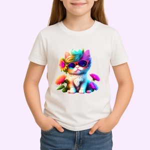 Tricou Pisica cu flori si ochelari mari fundal negru Copii | Dama | Barbat