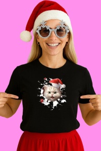 Tricou Pisica Cu Fundal Alb Craciun, din bumbac 100% Copii | Dama | Barbat - Img 2