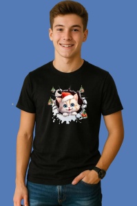 Tricou Pisica Cu Fundal Albastru Si Braduti Craciun, din bumbac 100% Copii | Dama | Barbat