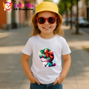 Tricou Pisica cu fundita rosie si blana curcubeu Copii | Dama | Barbat