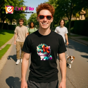Tricou Pisica cu fundita rosie si blana curcubeu Copii | Dama | Barbat, culoare negru - Img 5
