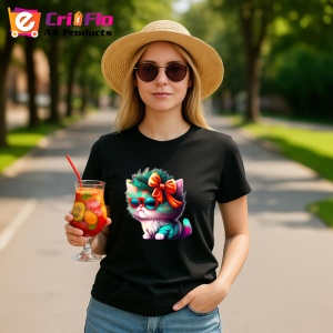 Tricou Pisica cu fundita rosie si blana curcubeu Copii | Dama | Barbat, culoare negru - Img 7