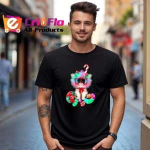 Tricou Pisica cu fundita si bombonele colorate Copii | Dama | Barbat, culoare negru - Img 6