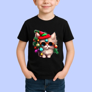 Tricou Pisica cu ochelari globuri si caciula Craciun Copii | Dama | Barbat, culoare negru - Img 4