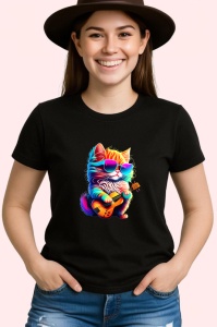 Tricou Pisica curcubeu cu barba si chitara electrica Copii | Dama | Barbat, culoare negru - Img 3