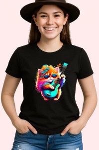 Tricou Pisica curcubeu cu chitara electrica si flori albastre Copii | Dama | Barbat, culoare negru - Img 3