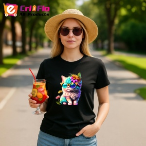 Tricou Pisica curcubeu cu floare galbena si fundal alb Copii | Dama | Barbat, culoare negru - Img 7