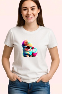 Tricou Pisica curcubeu cu ochelari si cana roz Copii | Dama | Barbat