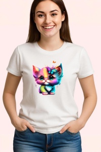 Tricou Pisica curcubeu cu ochi mari si fluture roz Copii | Dama | Barbat - Img 3