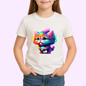 Tricou Pisica curcubeu desen stil pop art cu ochi mari Copii | Dama | Barbat