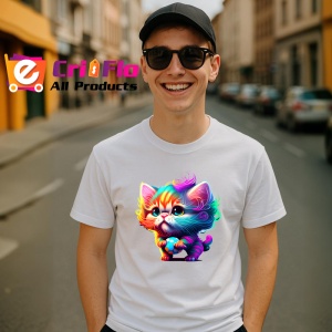 Tricou Pisica curcubeu desen stil pop art cu ochi mari Copii | Dama | Barbat - Img 5
