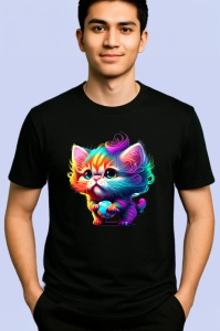 Tricou Pisica curcubeu desen stil pop art cu ochi mari Copii | Dama | Barbat, culoare negru - Img 2