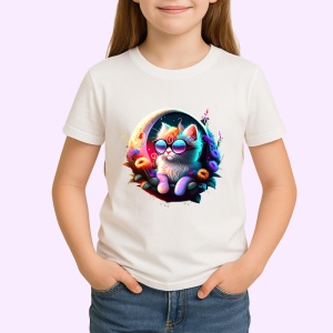 Tricou Pisica curcubeu pe luna cu ochelari si flori fundal alb Copii | Dama | Barbat - Img 4
