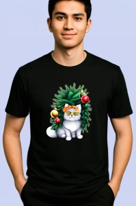 Tricou Pisica decorata cu globuri si ochelari de soare Copii | Dama | Barbat, culoare negru - Img 2