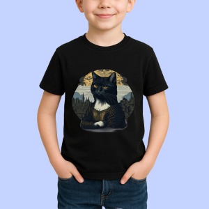 Tricou Pisica eleganta cu privire atenta si fundal pictat Copii | Dama | Barbat, culoare negru - Img 4