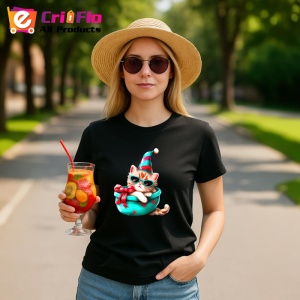 Tricou Pisica festiva in caciula si bol de Craciun Copii | Dama | Barbat, culoare negru