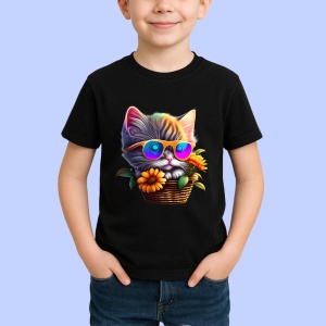 Tricou Pisica gri cu ochelari roz si floare galbena Copii | Dama | Barbat, culoare negru