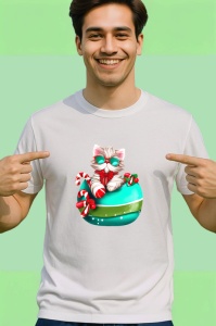 Tricou Pisica in cana decorata cu baston si fundita Craciun Copii | Dama | Barbat - Img 2