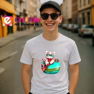 Tricou Pisica in cana decorata cu baston si fundita Craciun Copii | Dama | Barbat - Img 5