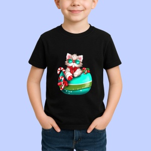 Tricou Pisica in cana decorata cu baston si fundita Craciun Copii | Dama | Barbat, culoare negru - Img 3