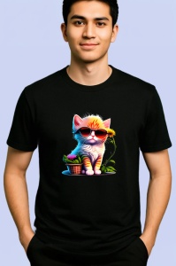 Tricou Pisica portocalie cu ochelari si fundal alb albastru Copii | Dama | Barbat, culoare negru - Img 2