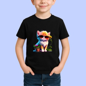 Tricou Pisica portocalie cu ochelari si fundal alb albastru Copii | Dama | Barbat, culoare negru - Img 4