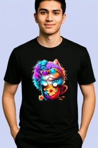 Tricou Pisica pufoasa cu flori si cana rosie Copii | Dama | Barbat, culoare negru - Img 2
