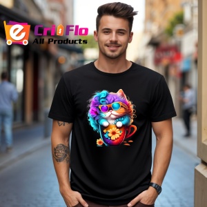 Tricou Pisica pufoasa cu flori si cana rosie Copii | Dama | Barbat, culoare negru