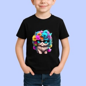 Tricou Pisica pufoasa cu ochelari mari si flori colorate Copii | Dama | Barbat, culoare negru - Img 4