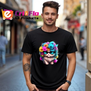 Tricou Pisica pufoasa cu ochelari mari si flori colorate Copii | Dama | Barbat, culoare negru - Img 6