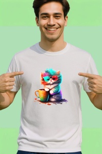 Tricou Pisica pufoasa cu ochelari si cana portocalie Copii | Dama | Barbat - Img 2