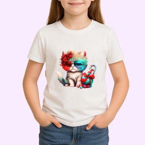 Tricou Pisica pufoasa cu ochelari si fundita mare rosie Copii | Dama | Barbat