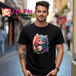 Tricou Pisica roz cu cana si flori fundal artistic Copii | Dama | Barbat, culoare negru
