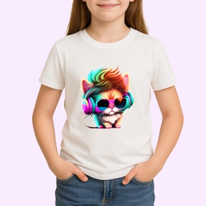 Tricou Pisica stil disco cu ochelari mari si casti colorate Copii | Dama | Barbat - Img 4