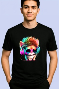 Tricou Pisica stil disco cu ochelari mari si casti colorate Copii | Dama | Barbat, culoare negru - Img 2