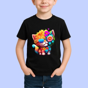 Tricou Pisicuta colorata cu flori si chitara turcoaz Copii | Dama | Barbat, culoare negru - Img 4
