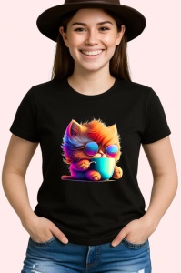 Tricou Pisicuta cu blana curcubeu si cana fundal galben Copii | Dama | Barbat, culoare negru - Img 3