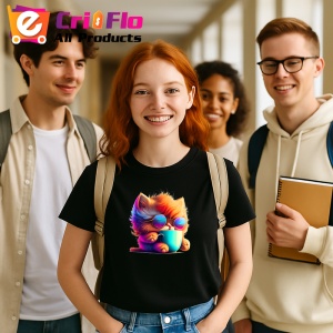 Tricou Pisicuta cu blana curcubeu si cana fundal galben Copii | Dama | Barbat, culoare negru - Img 8