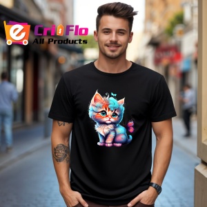 Tricou Pisicuta cu coada albastra si fluture fundal curat Copii | Dama | Barbat, culoare negru - Img 5