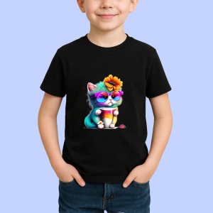 Tricou Pisicuta cu floare in par si cana curcubeu Copii | Dama | Barbat, culoare negru