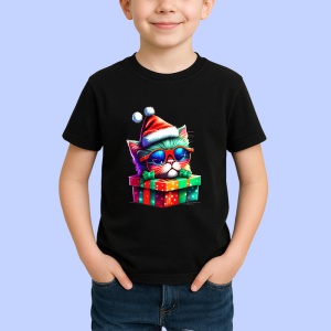 Tricou Pisicuta cu ochelari si cadou Craciun fundal negru Copii | Dama | Barbat, culoare negru - Img 4