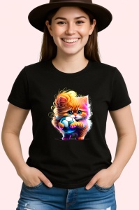 Tricou Pisicuta cu ochelari si minge colorata stil graffiti Copii | Dama | Barbat, culoare negru