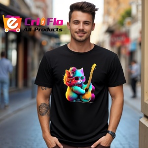 Tricou Pisicuta curcubeu cu chitara fundal alb Copii | Dama | Barbat, culoare negru - Img 6