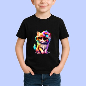Tricou Pisicuta curcubeu cu floare si fundal alb Copii | Dama | Barbat, culoare negru - Img 4