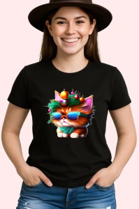 Tricou Pisicuta festiva cu ochelari si globuri stralucitoare Copii | Dama | Barbat, culoare negru - Img 3