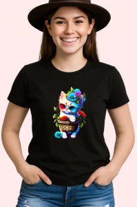 Tricou Pisicuta in cos cu ochelari de soare si flori Copii | Dama | Barbat, culoare negru - Img 3