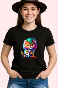 Tricou Pisicuta multicolora cu minge de fotbal si ochi mari Copii | Dama | Barbat, culoare negru - Img 3